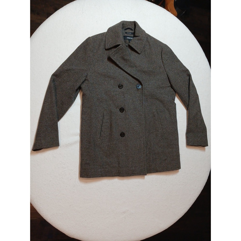 Claiborne Mens Plaid Wool Blend Peacoat Heavy Winter Jacket Gray Brown Large L